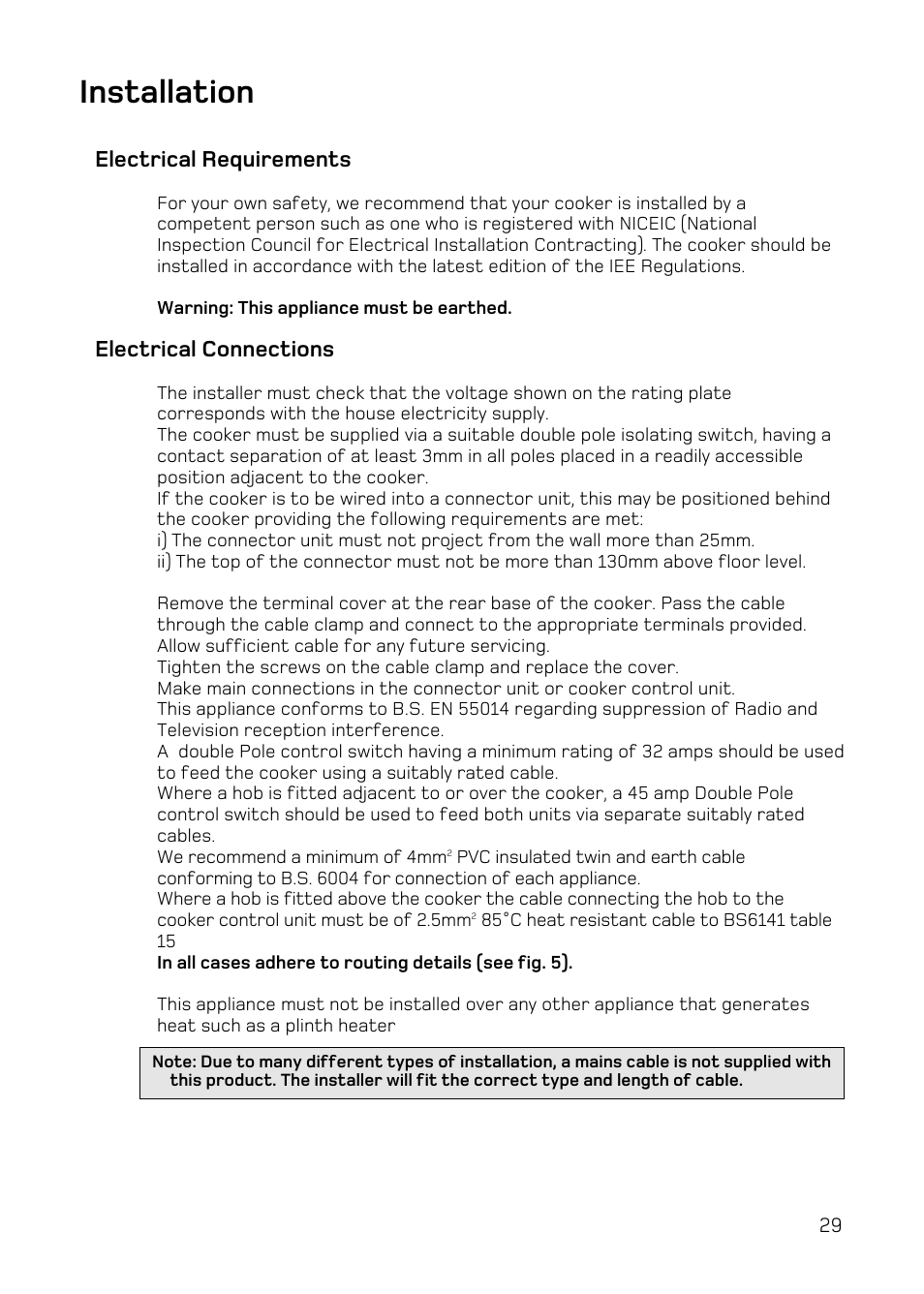 Installation, Electrical requirements, Electrical connections | Hotpoint UY46 Mk2 User Manual | Page 29 / 36