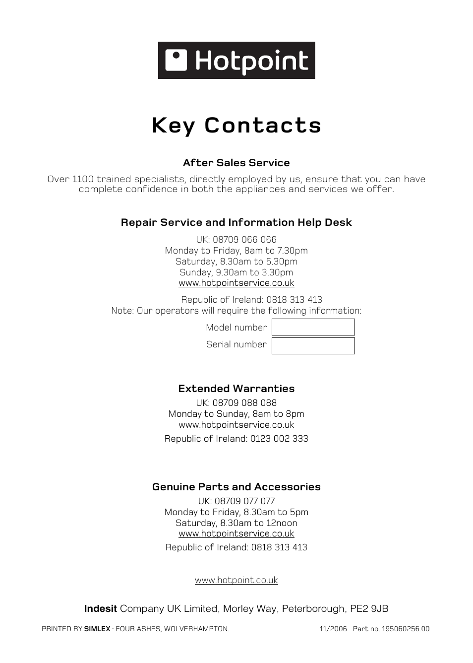 Key contacts | Hotpoint UY46 Mk2 User Manual | Page 36 / 36