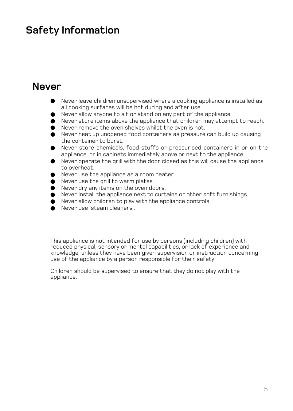 Never, Safety information | Hotpoint UY46 Mk2 User Manual | Page 5 / 36