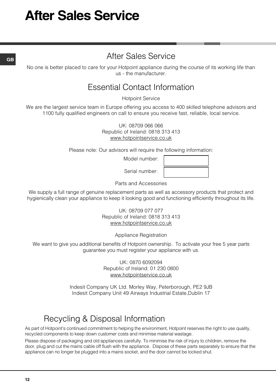 After sales service, Essential contact information, Recycling & disposal information | Hotpoint GQ74SI User Manual | Page 12 / 16