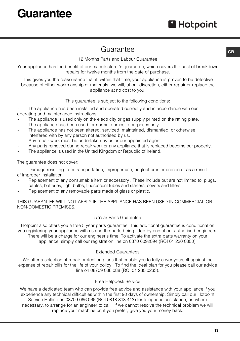 Guarantee | Hotpoint GQ74SI User Manual | Page 13 / 16