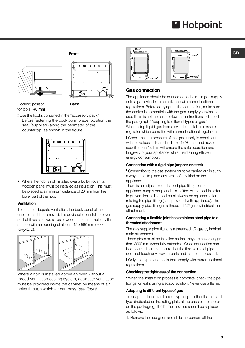 Gas connection | Hotpoint GQ74SI User Manual | Page 3 / 16