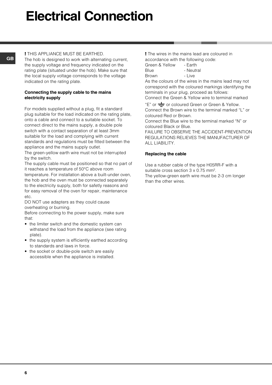 Electrical connection | Hotpoint GQ74SI User Manual | Page 6 / 16