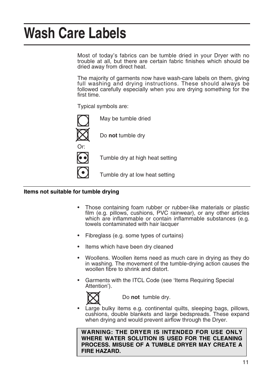 Wash care labels | Hotpoint TVM35 User Manual | Page 11 / 24