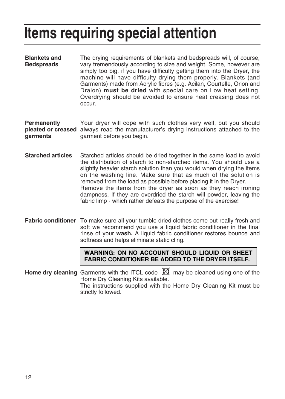 Items requiring special attention | Hotpoint TVM35 User Manual | Page 12 / 24