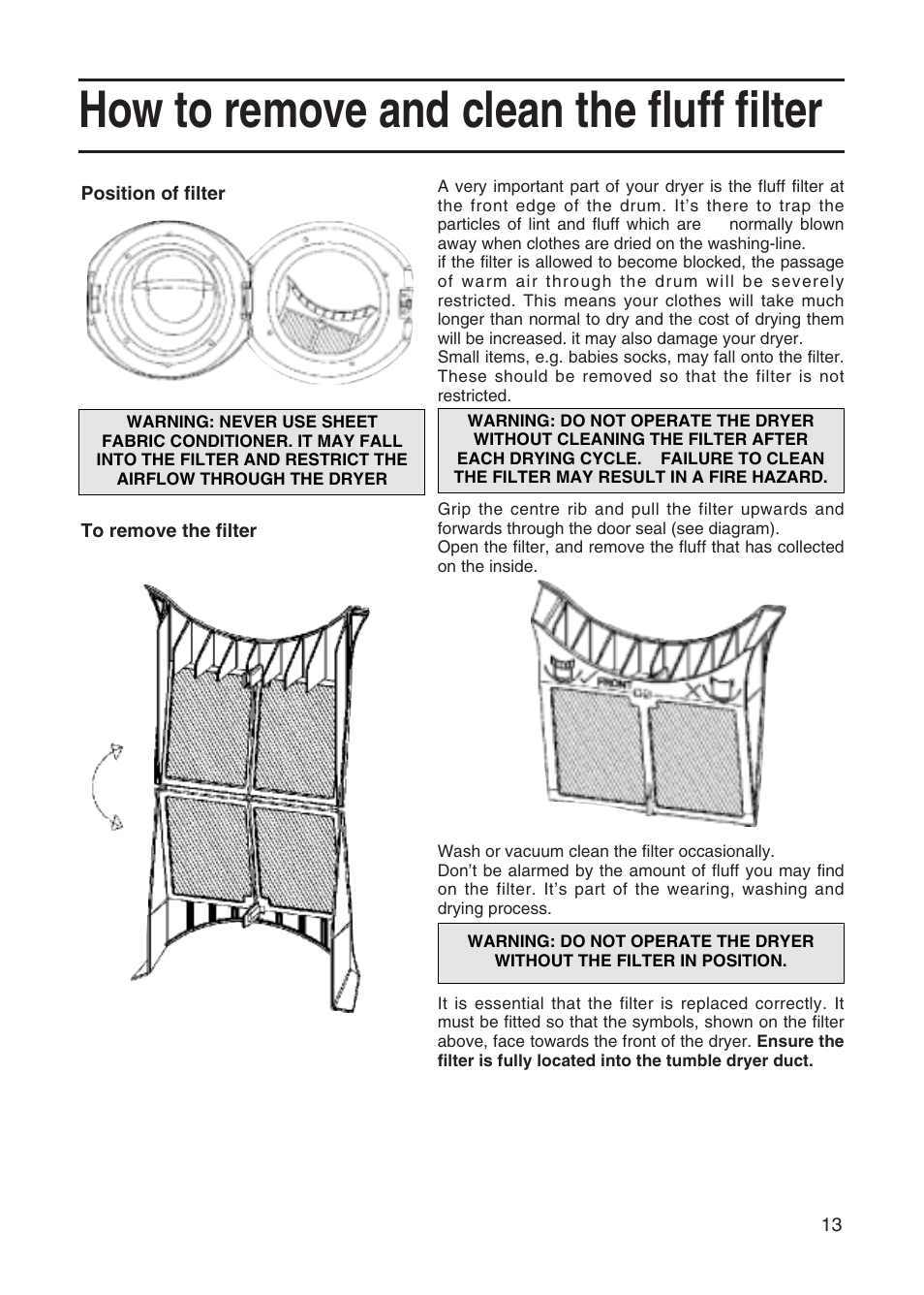 How to remove and clean the fluff filter | Hotpoint TVM35 User Manual | Page 13 / 24