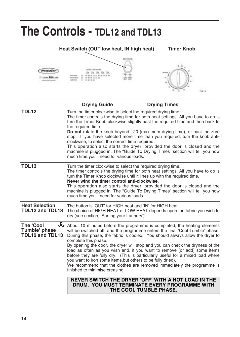 The controls, Tdl12 and tdl13 | Hotpoint TVM35 User Manual | Page 14 / 24