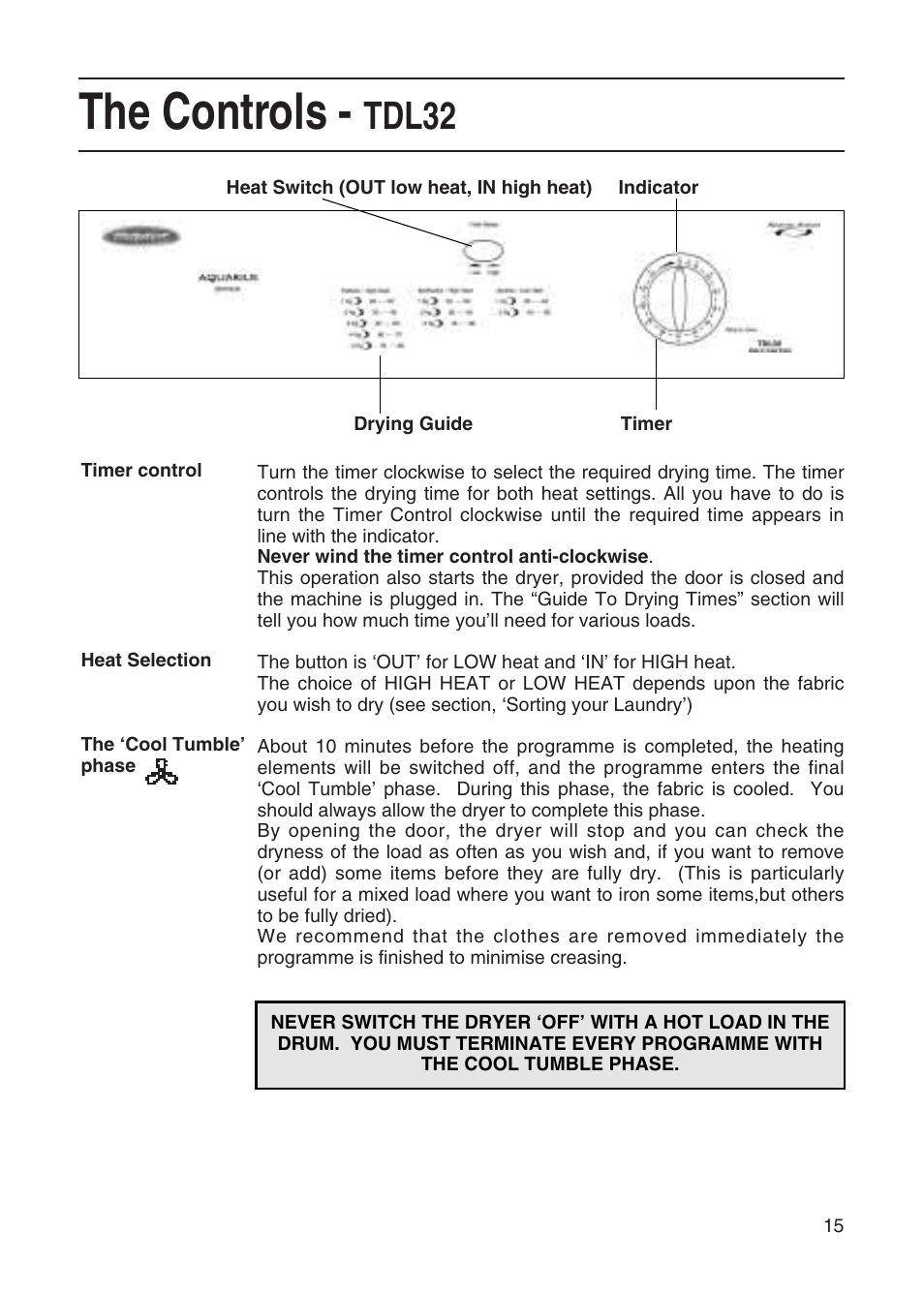 The controls, Tdl32 | Hotpoint TVM35 User Manual | Page 15 / 24