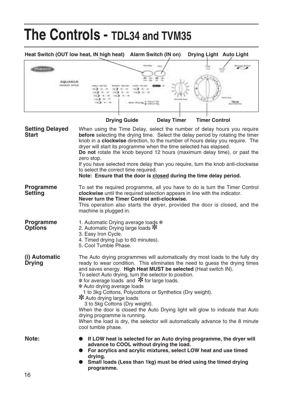 The controls, Tdl34 and tvm35 | Hotpoint TVM35 User Manual | Page 16 / 24