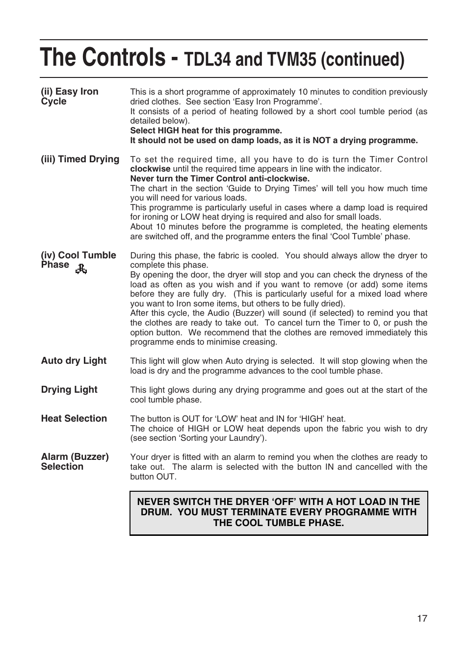 The controls, Tdl34 and tvm35 (continued) | Hotpoint TVM35 User Manual | Page 17 / 24