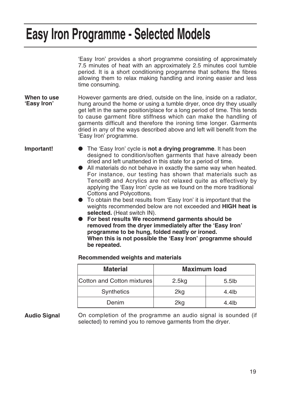 Easy iron programme - selected models | Hotpoint TVM35 User Manual | Page 19 / 24