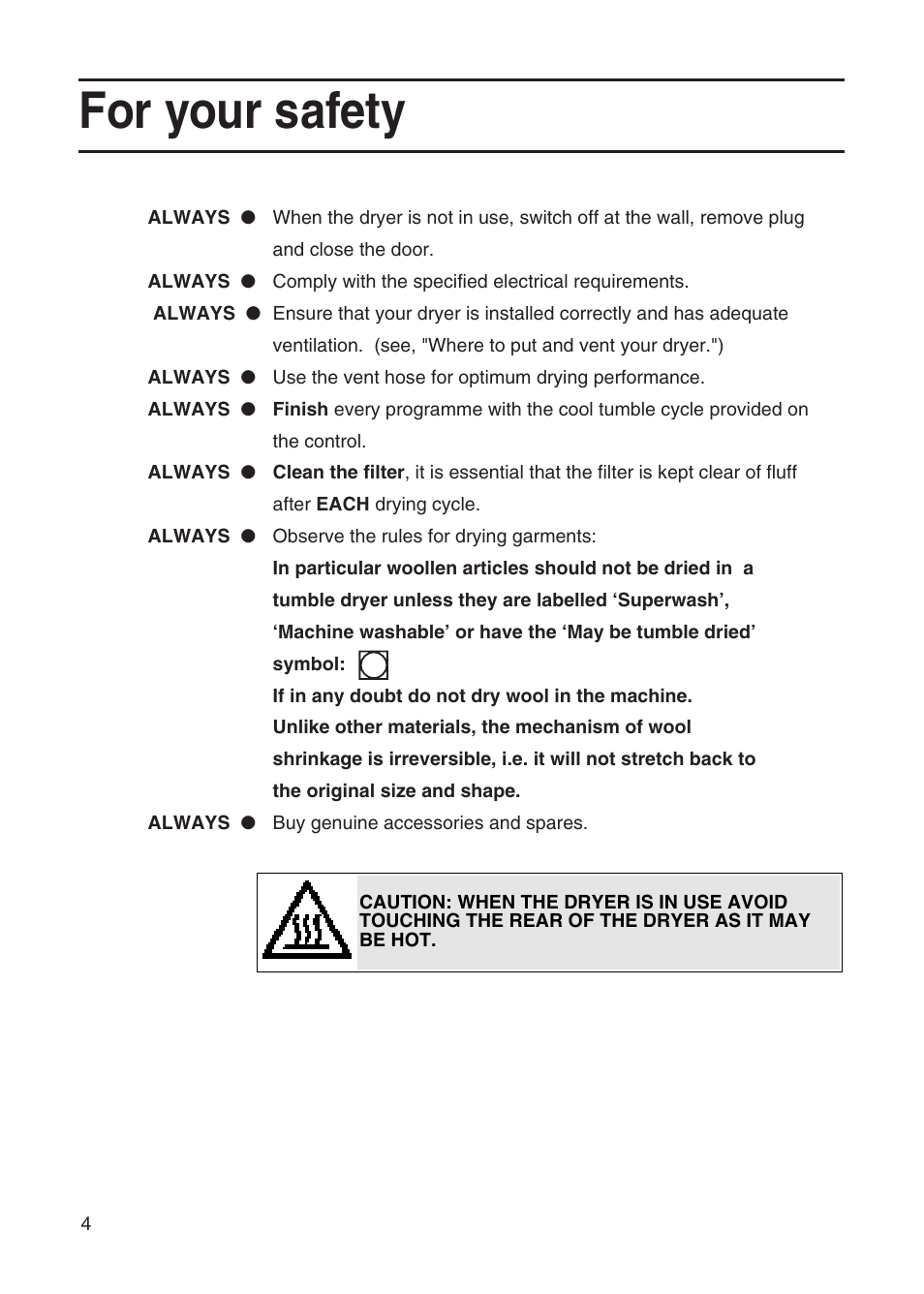 For your safety | Hotpoint TVM35 User Manual | Page 4 / 24