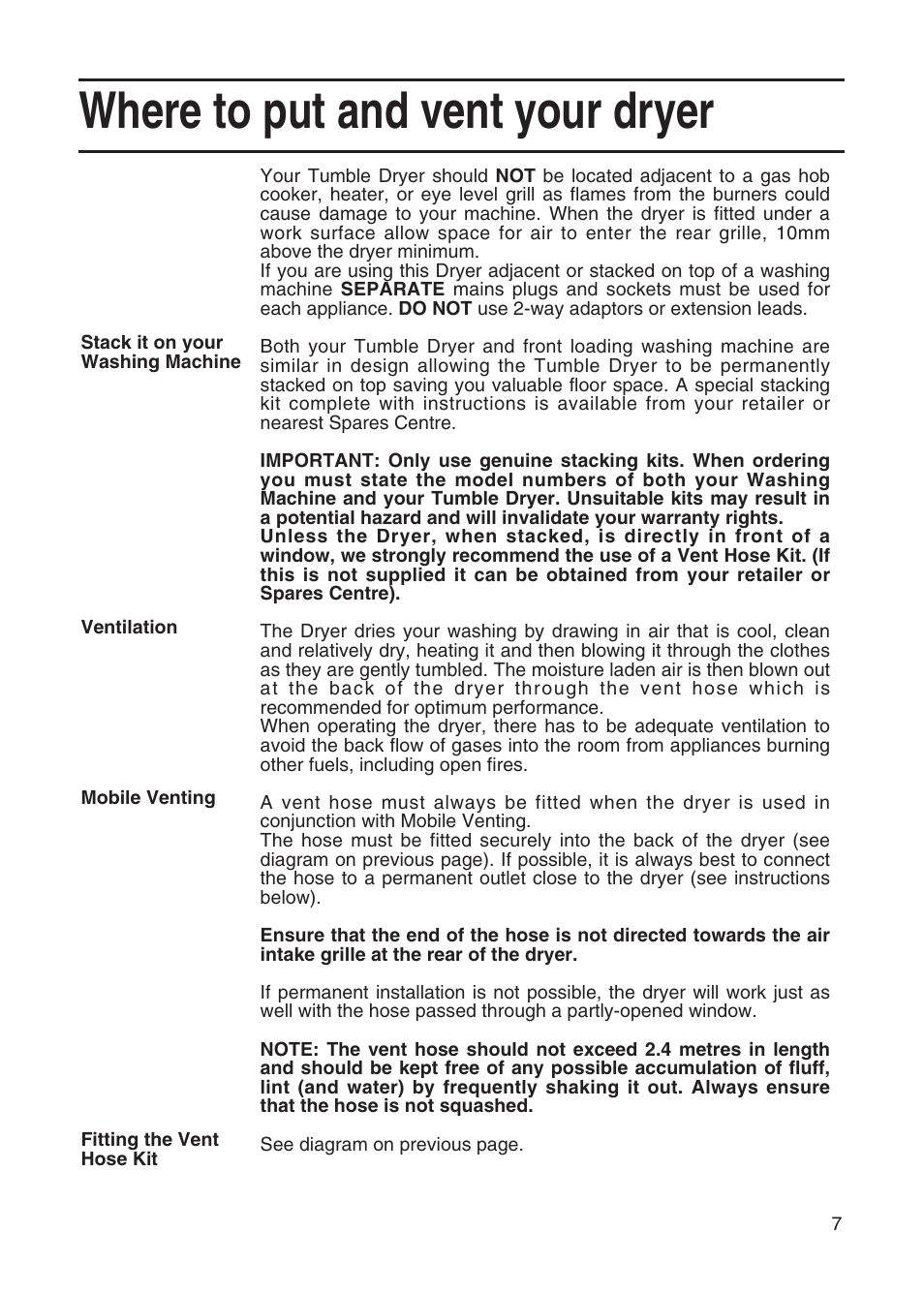 Where to put and vent your dryer | Hotpoint TVM35 User Manual | Page 7 / 24