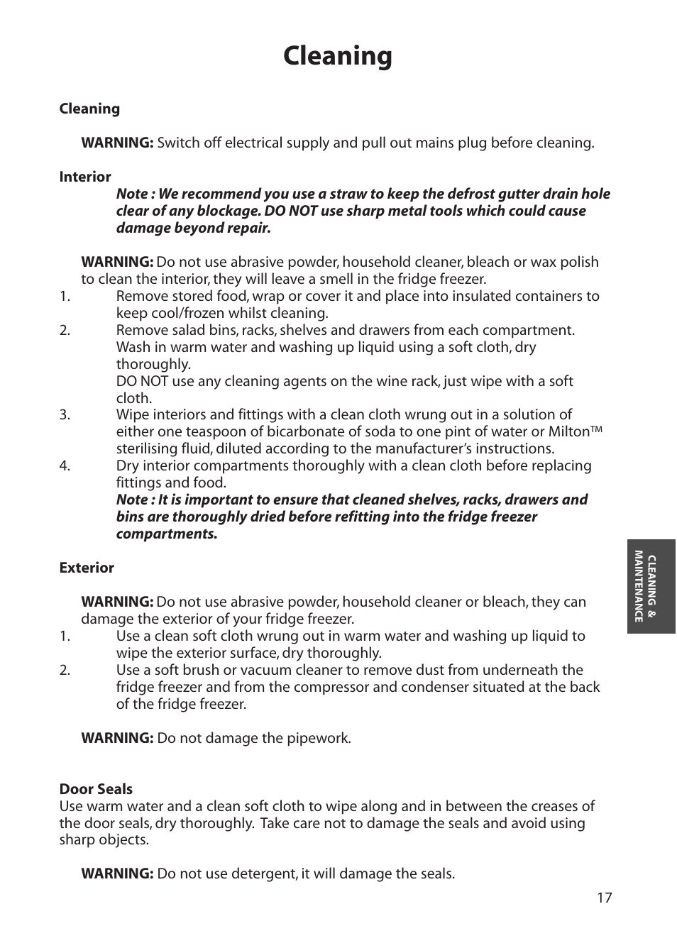 Cleaning | Hotpoint FFA60 User Manual | Page 17 / 28