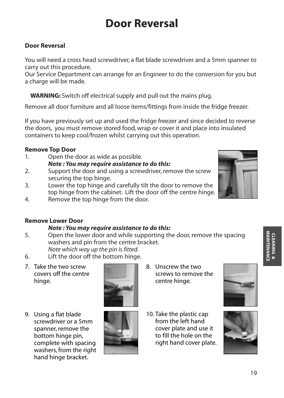 Door reversal | Hotpoint FFA60 User Manual | Page 19 / 28