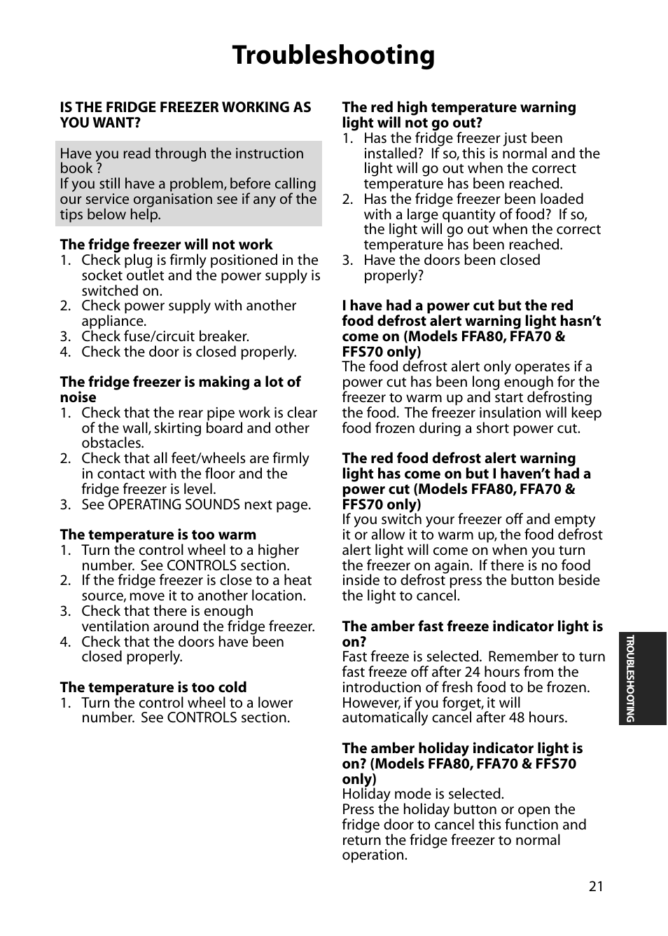 Troubleshooting | Hotpoint FFA60 User Manual | Page 21 / 28