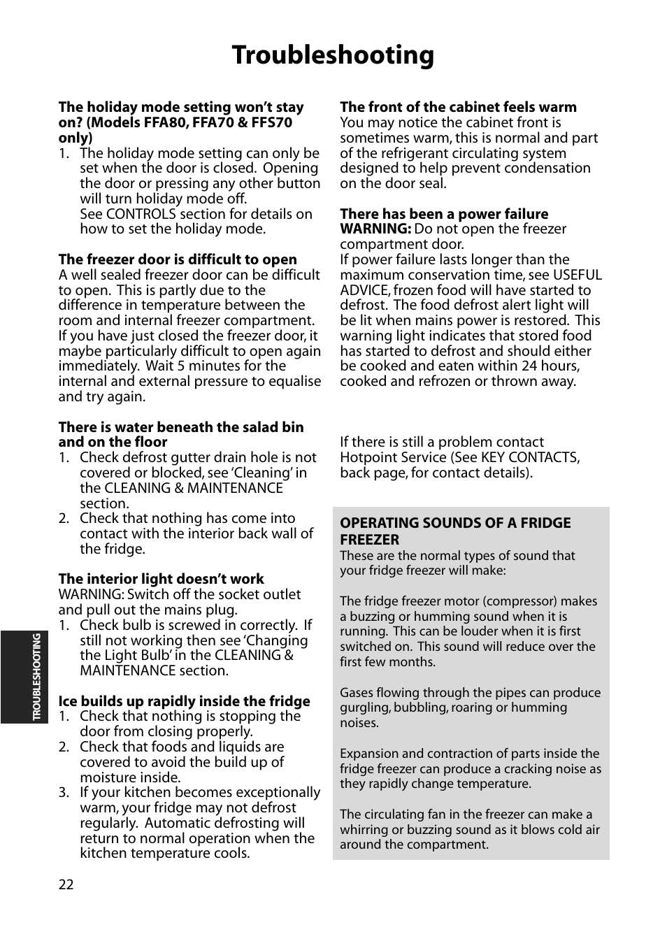 Troubleshooting | Hotpoint FFA60 User Manual | Page 22 / 28