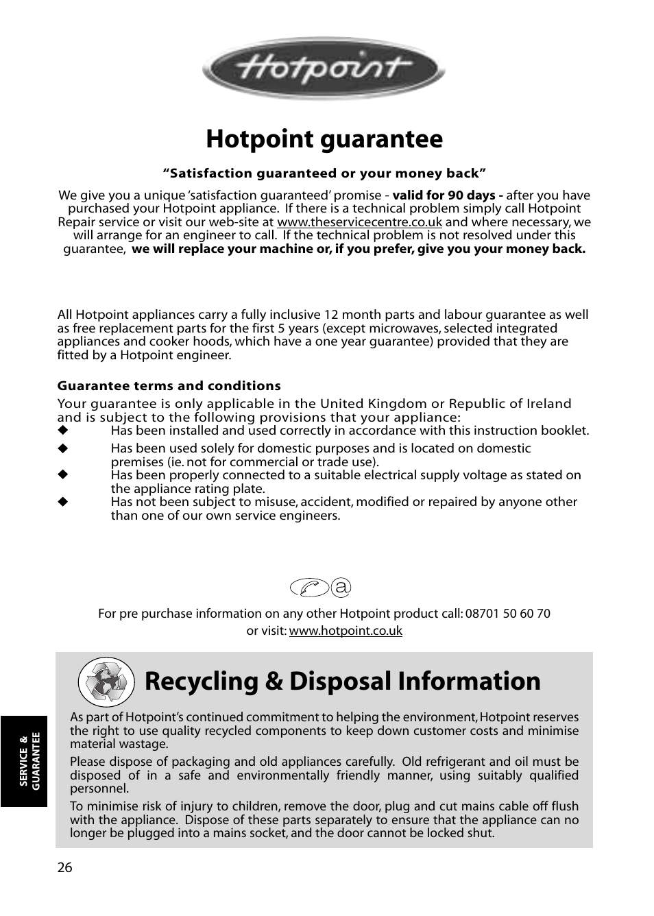 Recycling & disposal information, Hotpoint guarantee | Hotpoint FFA60 User Manual | Page 26 / 28