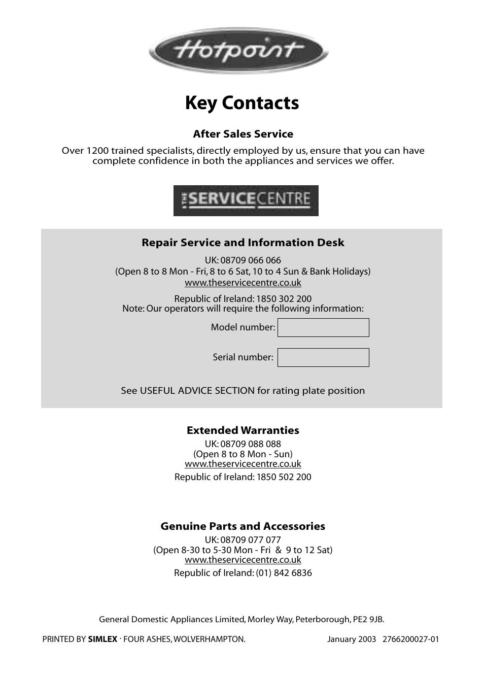 Key contacts | Hotpoint FFA60 User Manual | Page 28 / 28