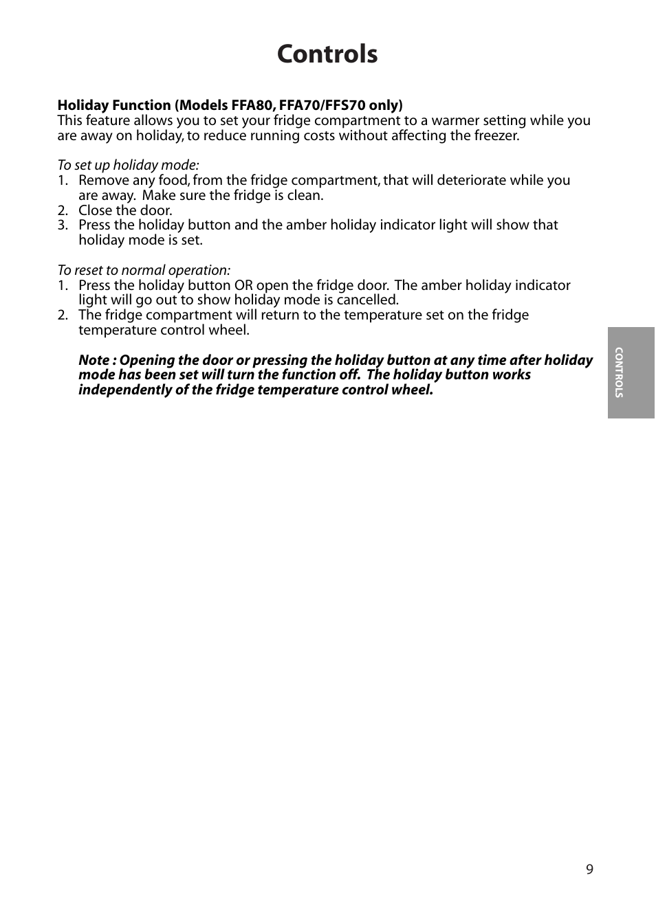 Controls | Hotpoint FFA60 User Manual | Page 9 / 28