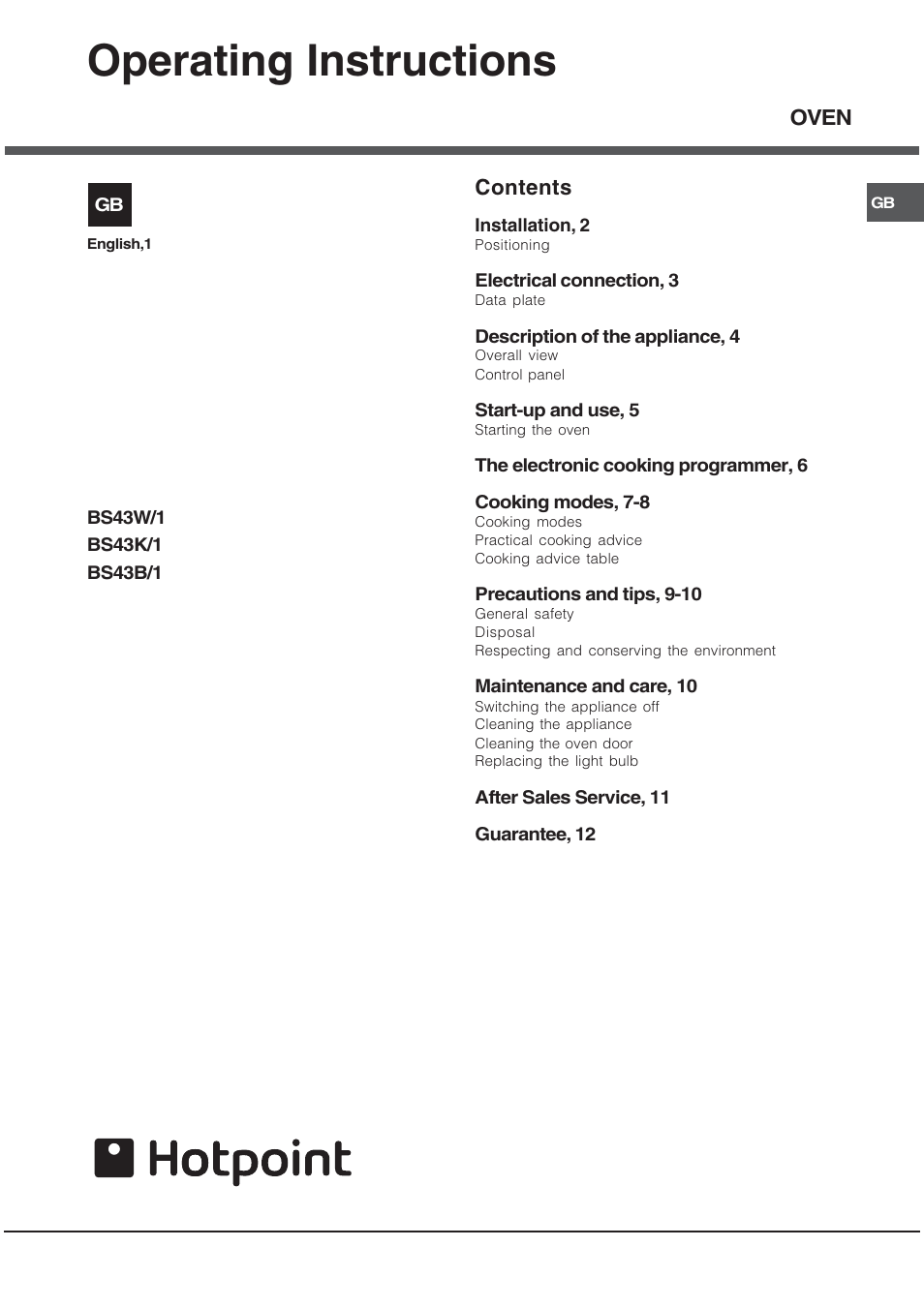 Hotpoint BS43K/1 User Manual | 12 pages