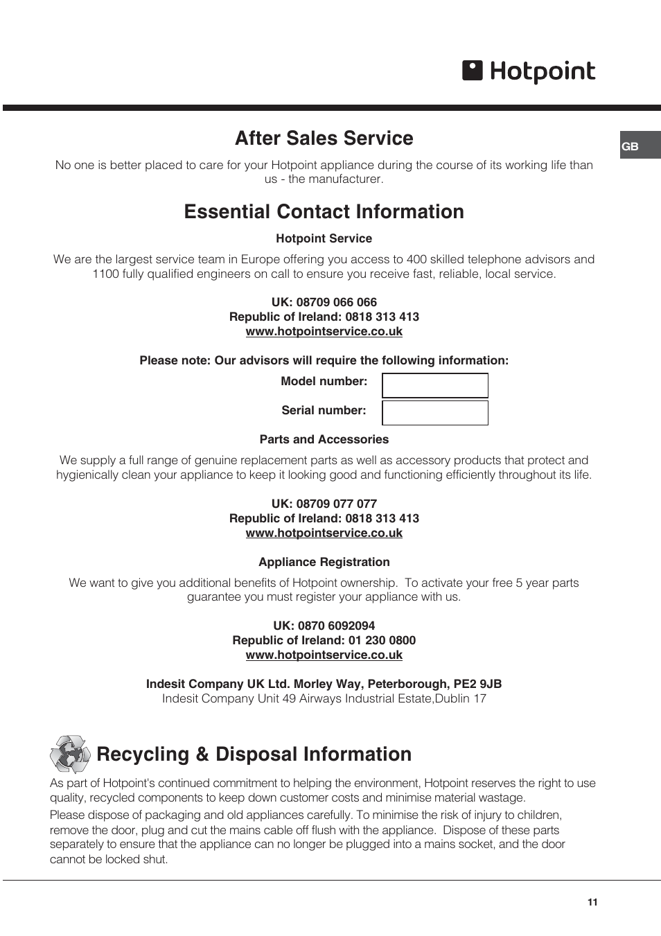 After sales service, Essential contact information, Recycling & disposal information | Hotpoint BS43K/1 User Manual | Page 11 / 12