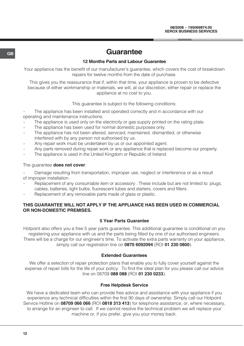 Guarantee | Hotpoint BS43K/1 User Manual | Page 12 / 12