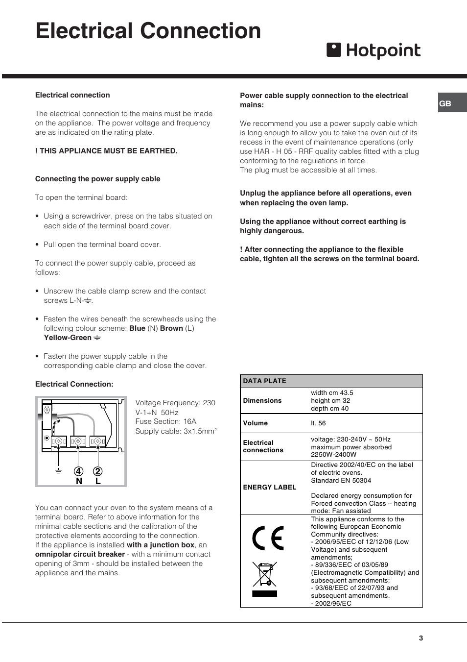 Electrical connection | Hotpoint BS43K/1 User Manual | Page 3 / 12