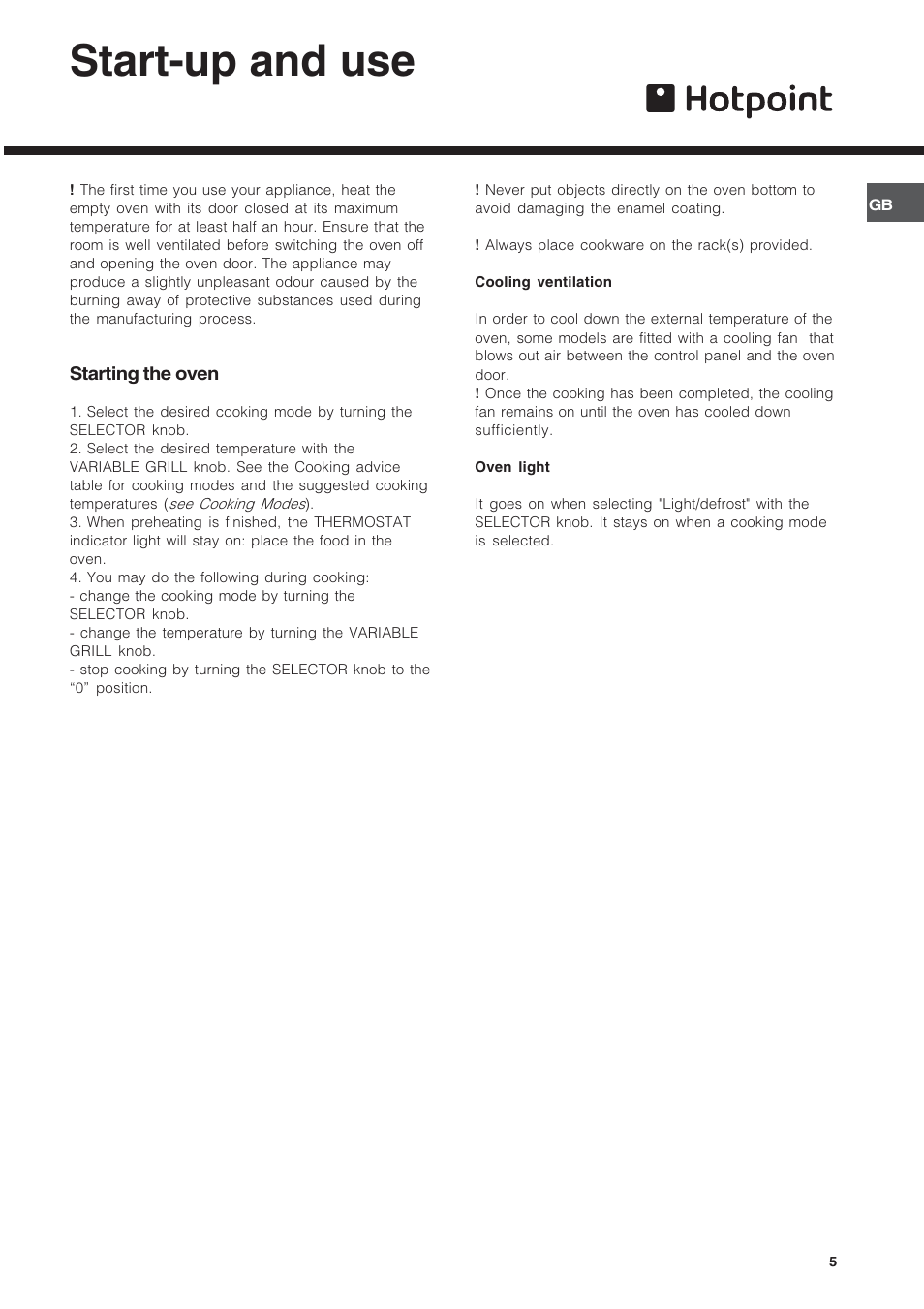 Start-up and use | Hotpoint BS43K/1 User Manual | Page 5 / 12