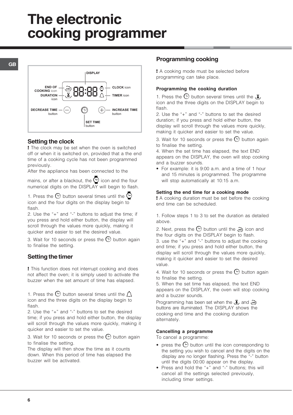 The electronic cooking programmer, Setting the clock, Setting the timer | Programming cooking | Hotpoint BS43K/1 User Manual | Page 6 / 12