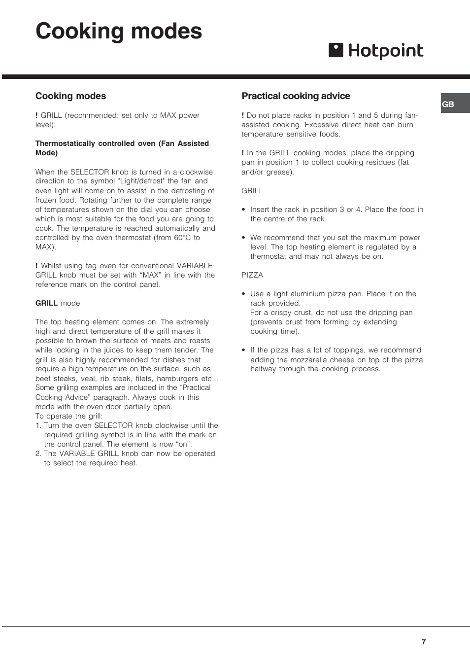 Cooking modes | Hotpoint BS43K/1 User Manual | Page 7 / 12