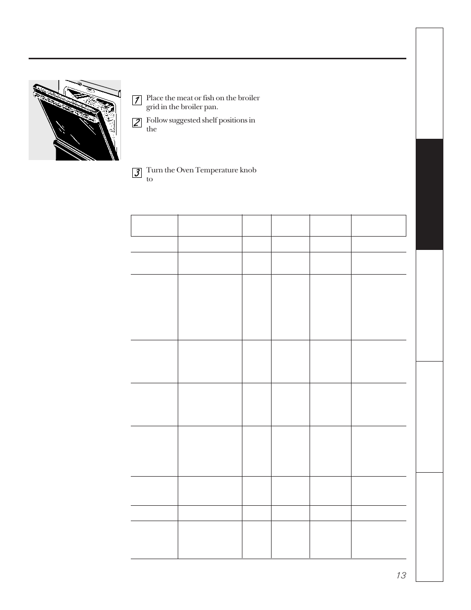 Broiling guide, How to set the oven for broiling | Hotpoint LEB356 User Manual | Page 13 / 32