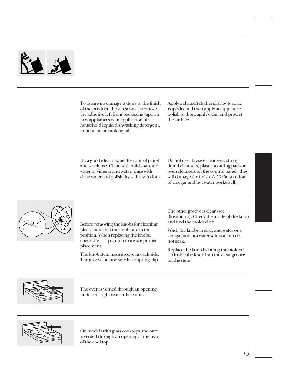 Care and cleaning, Control panel & knobs, Care and cleaning of the range | Hotpoint LEB356 User Manual | Page 19 / 32