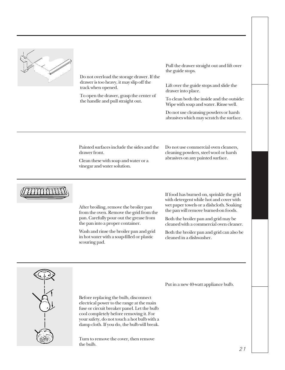 Broiler pan & grid, Oven light, Broiler pan & grid oven light , 23 | Hotpoint LEB356 User Manual | Page 21 / 32