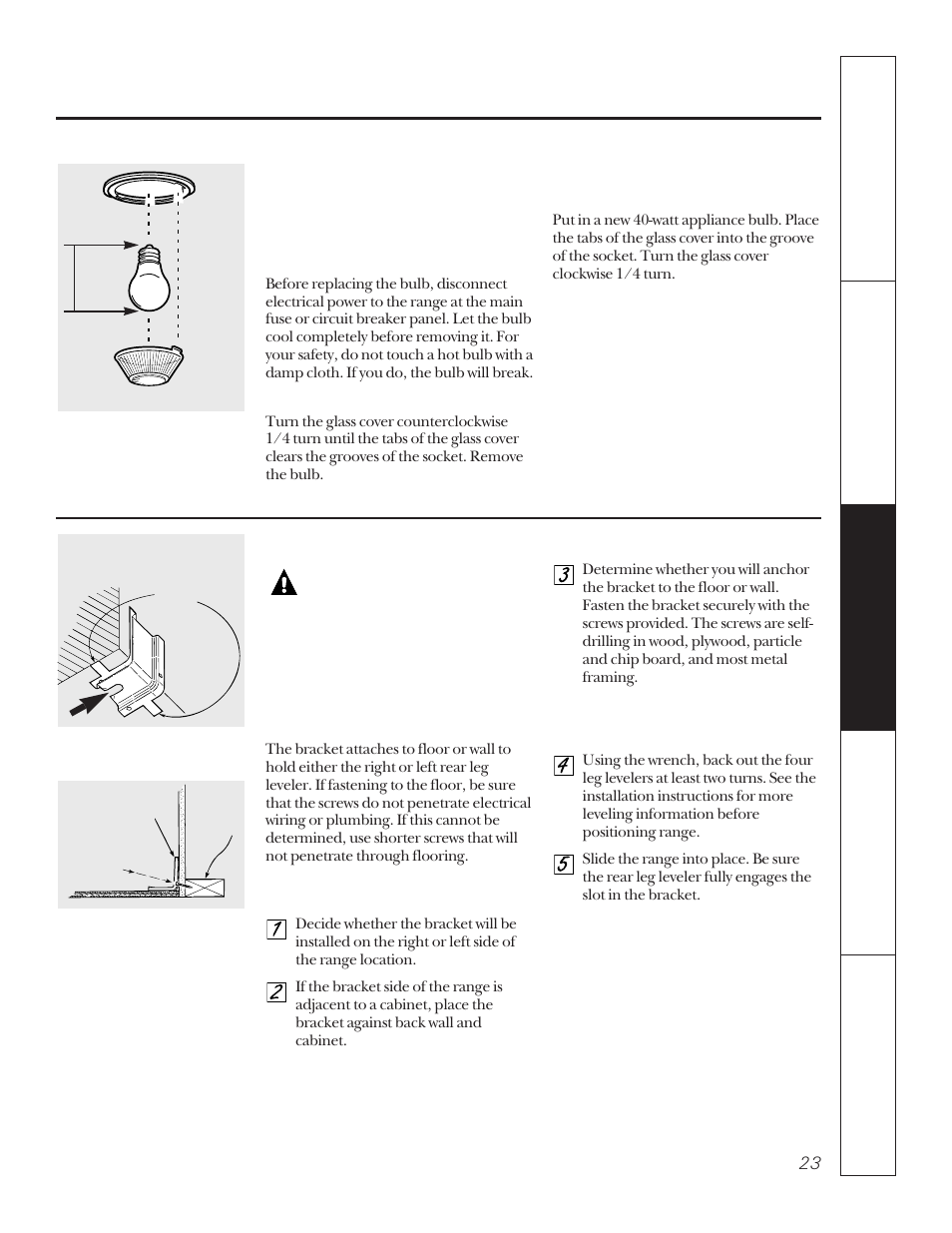 Anti-tip device, Warning, Oven light bulb | Hotpoint LEB356 User Manual | Page 23 / 32