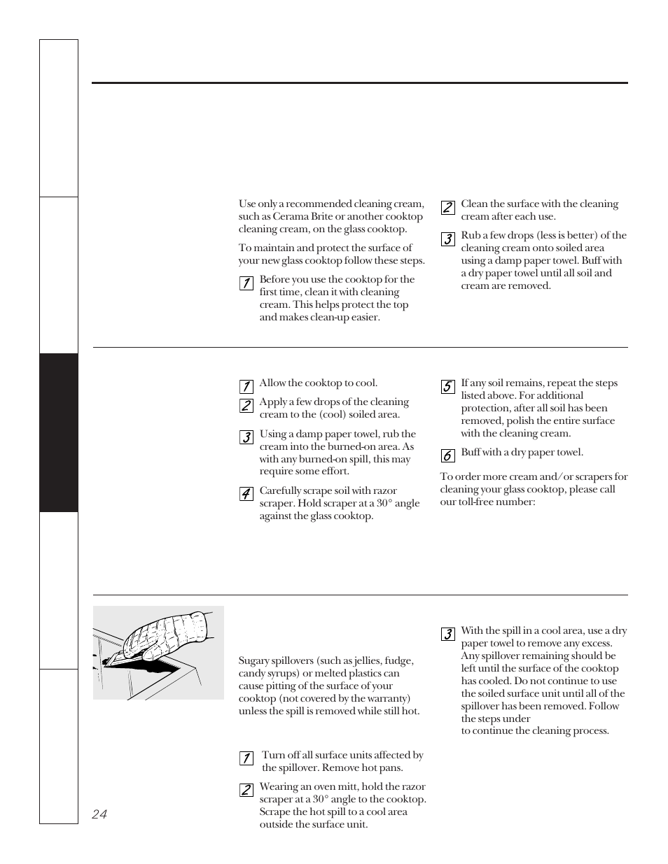 Glass cooktop, Cleaning the glass cooktop | Hotpoint LEB356 User Manual | Page 24 / 32