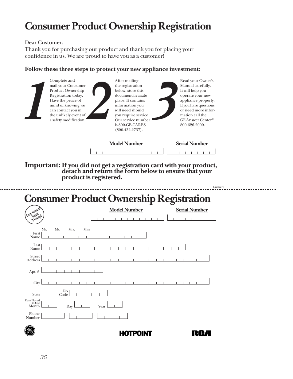 Consumer product ownership registration, Important | Hotpoint LEB356 User Manual | Page 30 / 32