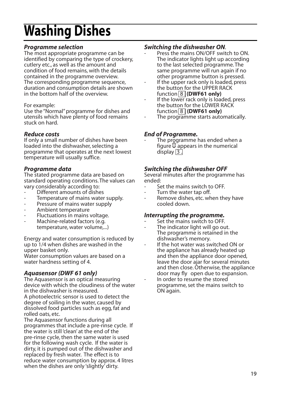 Washing dishes | Hotpoint DWF61 User Manual | Page 19 / 28