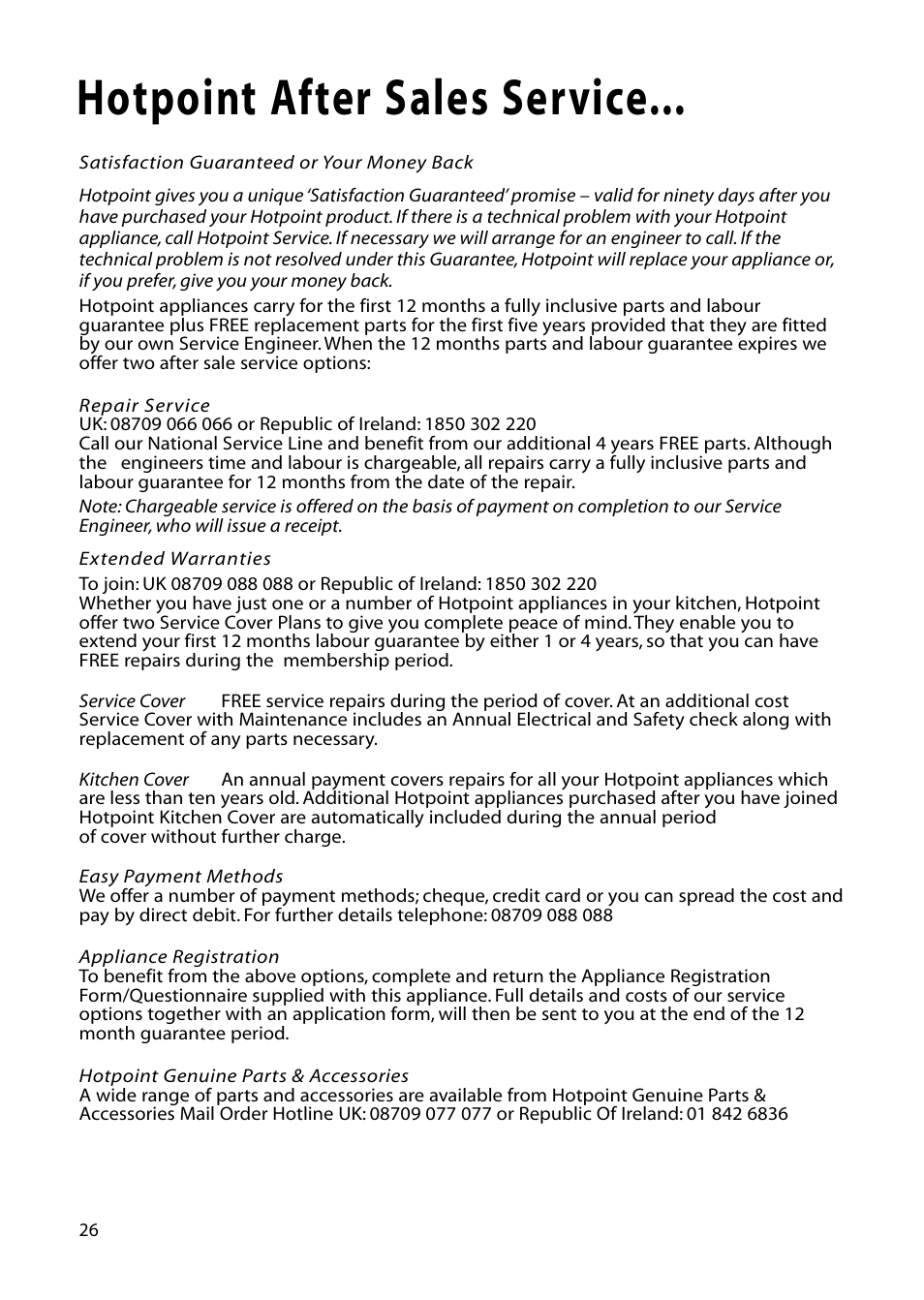 Hotpoint after sales service | Hotpoint DWF61 User Manual | Page 26 / 28