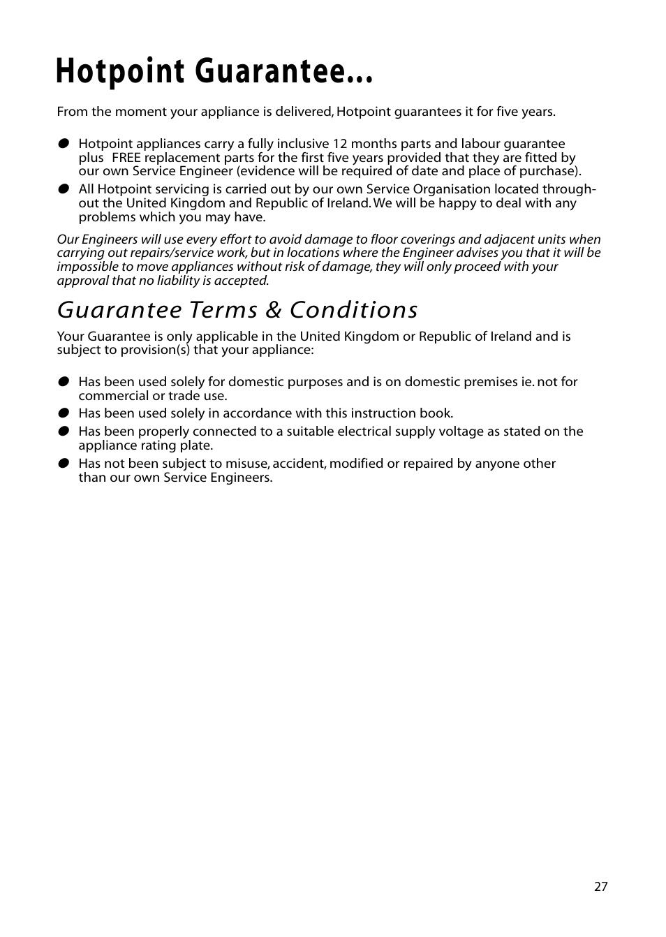 Hotpoint guarantee, Guarantee terms & conditions | Hotpoint DWF61 User Manual | Page 27 / 28