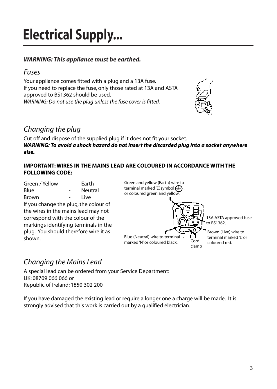 Electrical supply, Fuses, Changing the mains lead | Changing the plug | Hotpoint DWF61 User Manual | Page 3 / 28