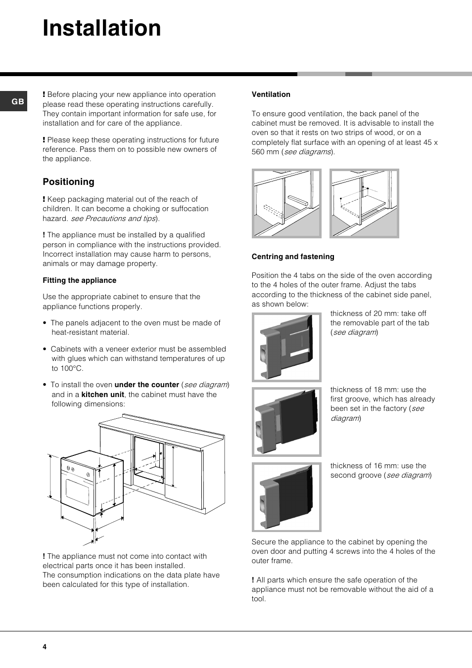 Installation, Positioning | Hotpoint SE861X User Manual | Page 4 / 16
