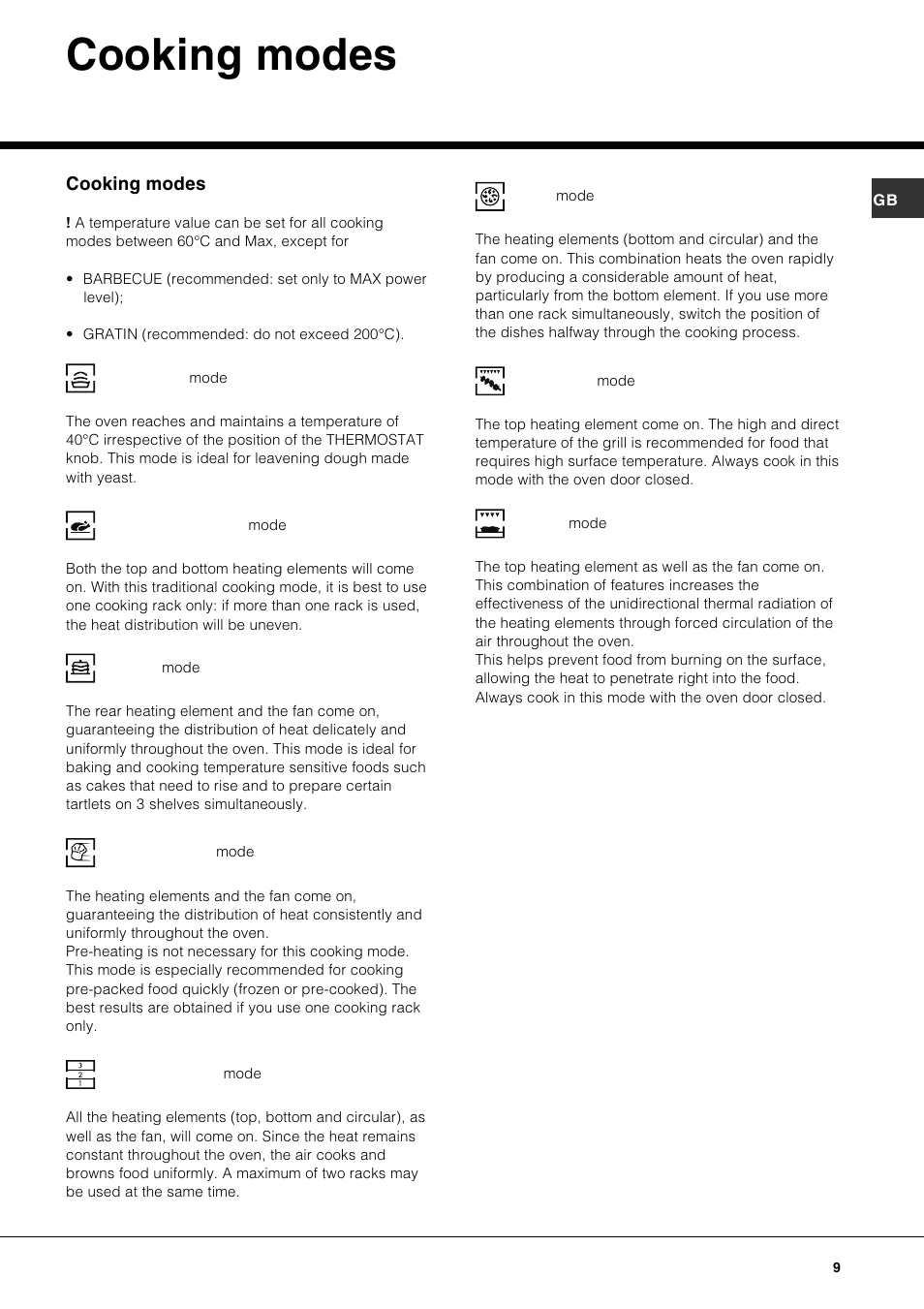 Cooking modes | Hotpoint SE861X User Manual | Page 9 / 16