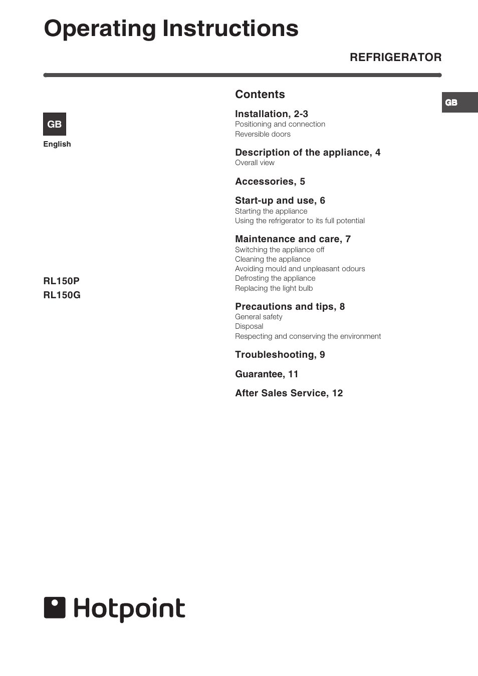 Hotpoint RL150P User Manual | 12 pages