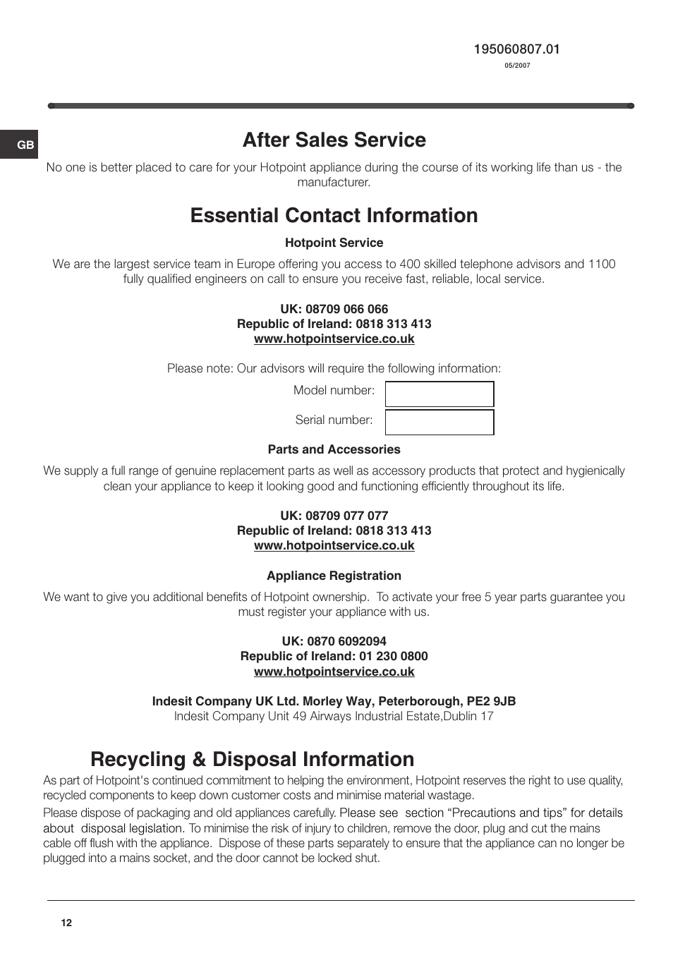 After sales service, Essential contact information, Recycling & disposal information | Hotpoint RL150P User Manual | Page 12 / 12