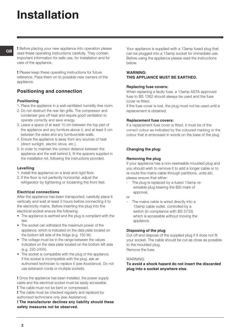 Installation, Positioning and connection | Hotpoint RL150P User Manual | Page 2 / 12