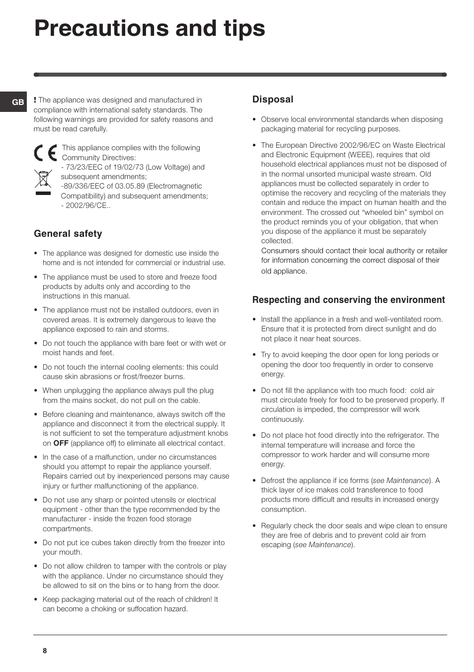 Precautions and tips, General safety, Disposal | Respecting and conserving the environment | Hotpoint RL150P User Manual | Page 8 / 12
