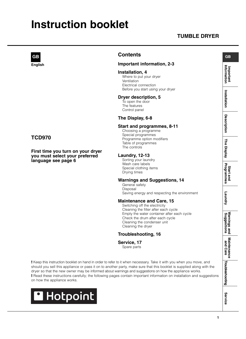 Hotpoint TCD970 User Manual | 20 pages