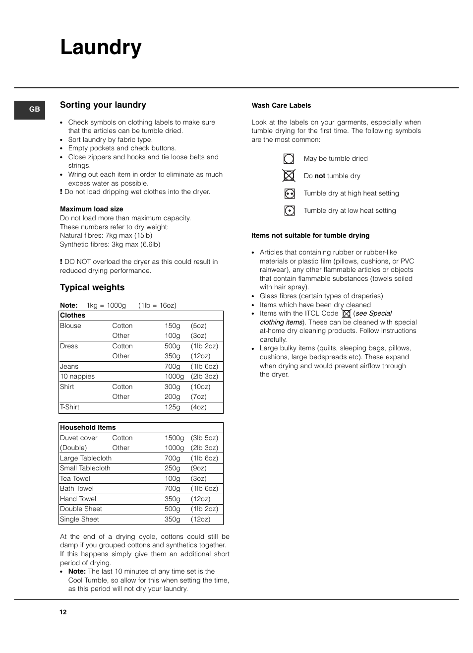 Laundry, Sorting your laundry, Typical weights | Hotpoint TCD970 User Manual | Page 12 / 20