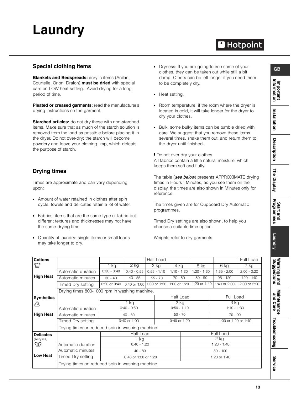 Laundry, Special clothing items, Drying times | Hotpoint TCD970 User Manual | Page 13 / 20